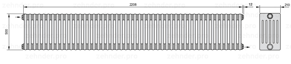 Схема (чертеж) Радиатор Zehnder Charleston 6050/48 №1670 Белый глянцевый RAL 9016